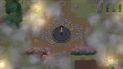 Top-down pixel art scene showing a small character standing on a circular stone platform in a garden-like courtyard with pink flowers, mist, trees, and stone walls.