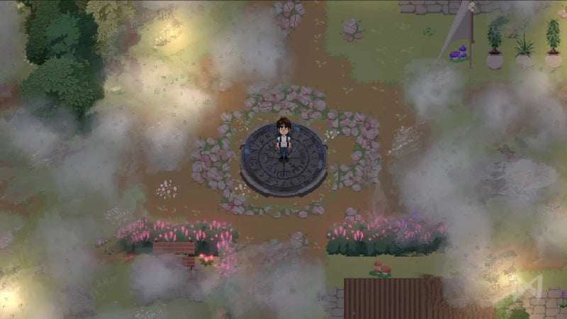 Top-down pixel art scene showing a small character standing on a circular stone platform in a garden-like courtyard with pink flowers, mist, trees, and stone walls.