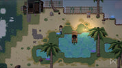 Top-down view of a pixel art game scene with characters around a pool.