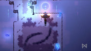 A pixel-art scene showing a small character floating or hanging in front of glowing purple and blue abstract structures, with a circular light source above and dark cloud-like forms below.