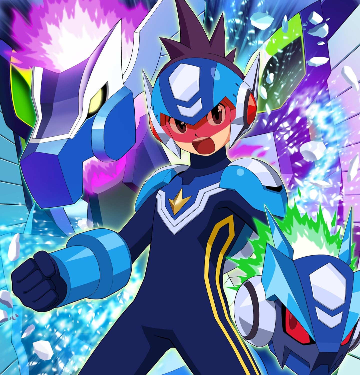 Animated character in a futuristic suit with colorful background