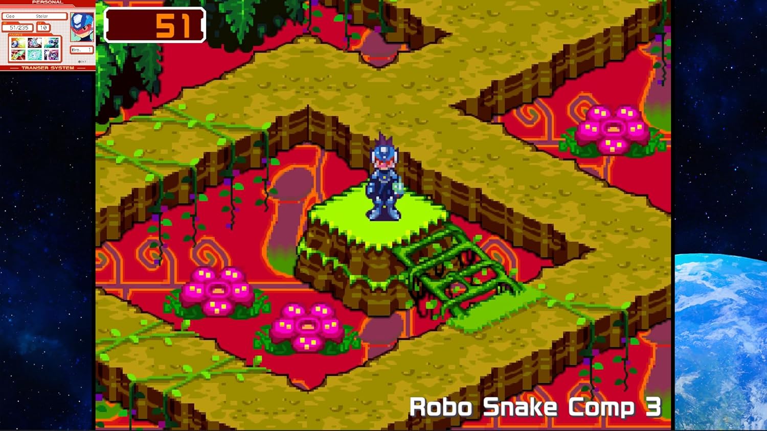 Screenshot of a retro video game with a character on a platform surrounded by pink flowers and a fence.