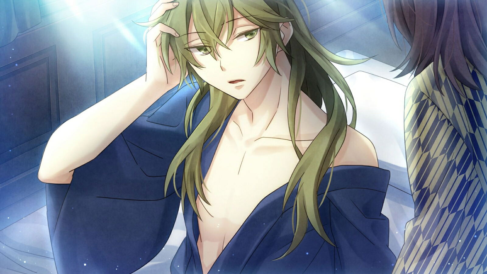 Anime-style character with long green hair and a blue outfit sitting indoors.
