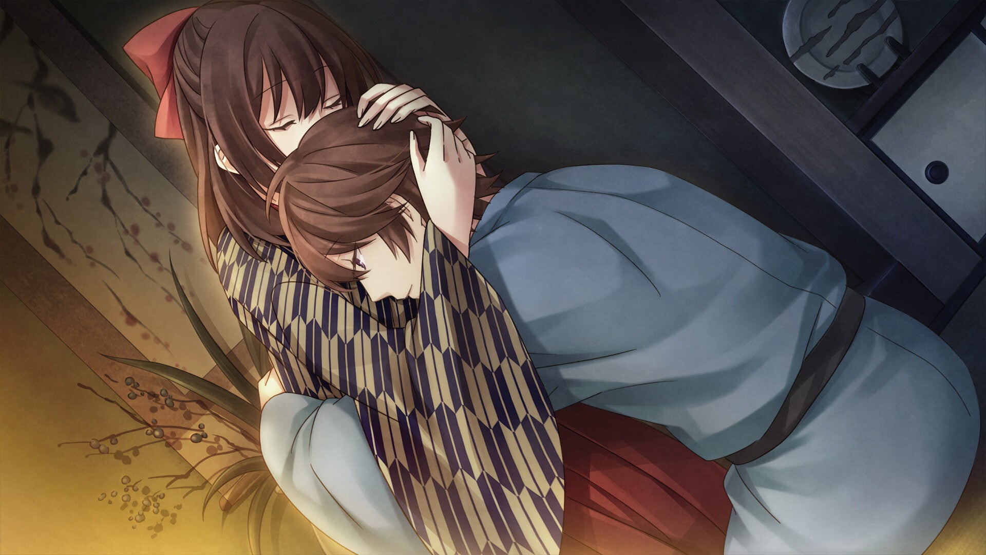 Anime-style illustration of two characters embracing indoors, with one in a light blue robe and the other in a patterned kimono, set against a dark interior background.