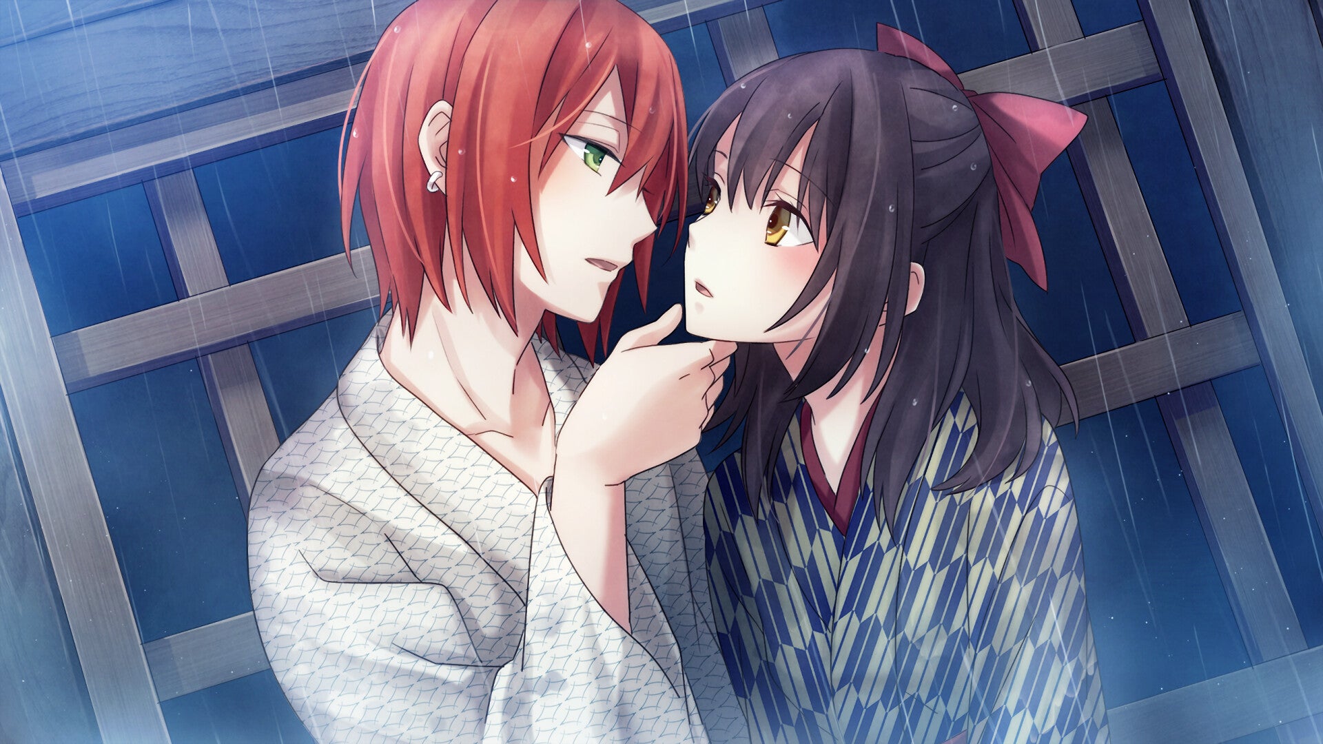 Anime-style illustration of two characters in a rainy scene. The character on the left has short red hair and wears a light gray kimono, while the character on the right has long dark hair with a pink bow and wears a blue-and-white patterned kimono.