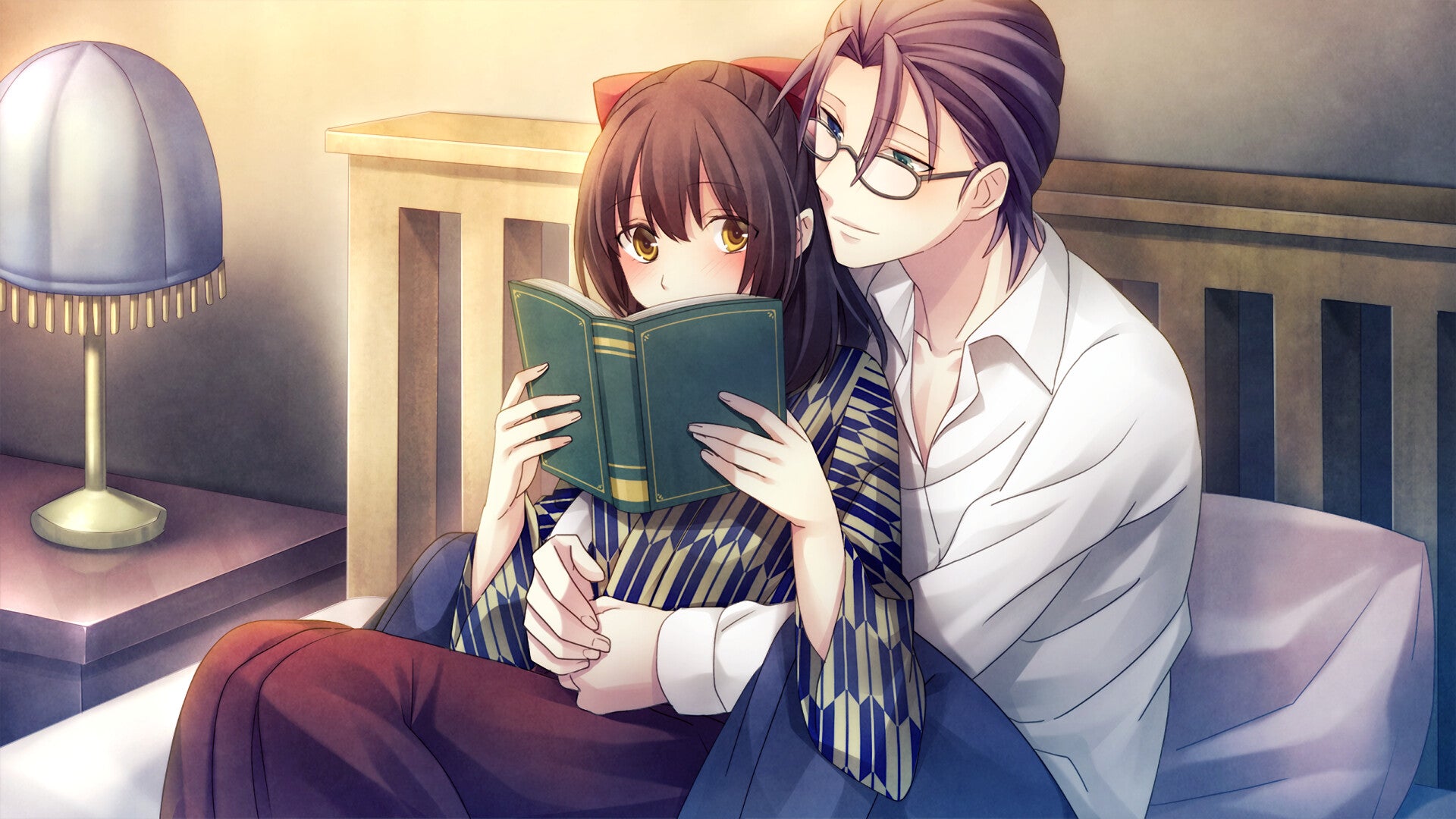 Anime-style illustration of two characters sitting together on a bed in a warmly lit bedroom. One character holds an open green book, while the other leans in closely.