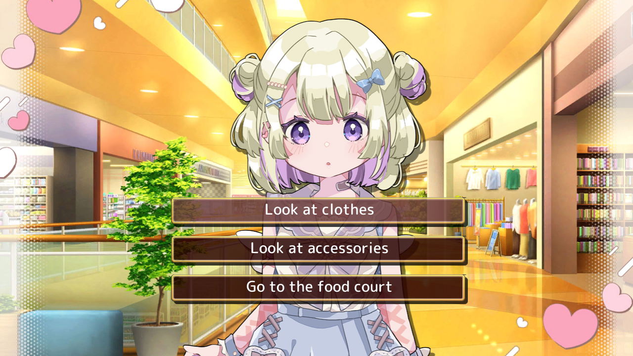 Animated character in a shopping mall with options to look at clothes, accessories, or go to the food court.