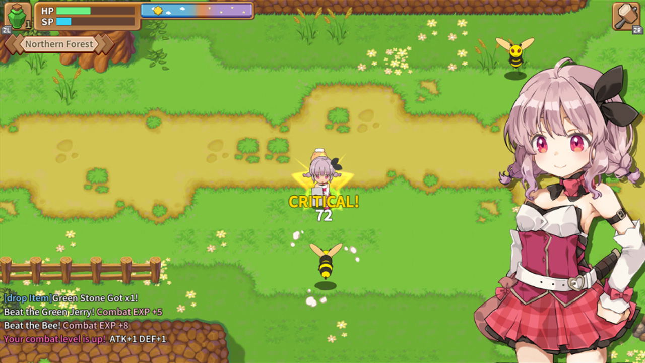 Character in a colorful game environment with grass and flowers