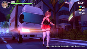 Character in a red dress standing next to a white truck in an urban setting