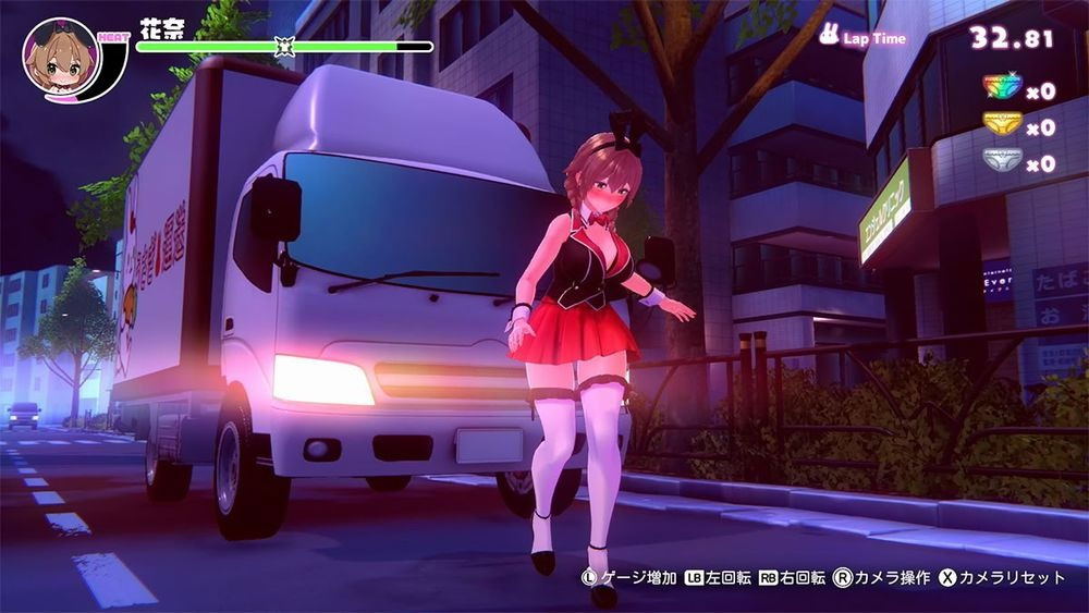 Character in a red dress standing next to a white truck in an urban setting