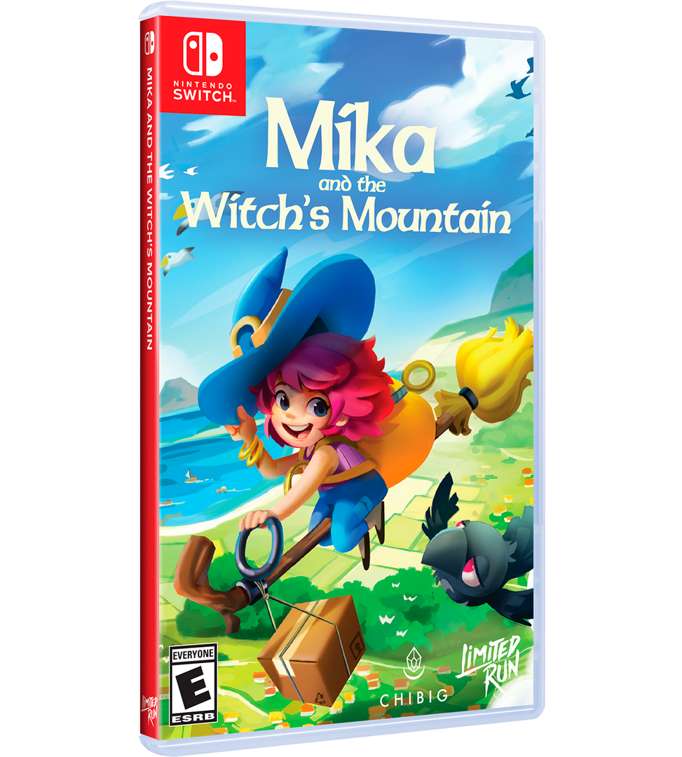 Game box for 'Mika and the Witch's Mountain' on Nintendo Switch with colorful design and character illustration.