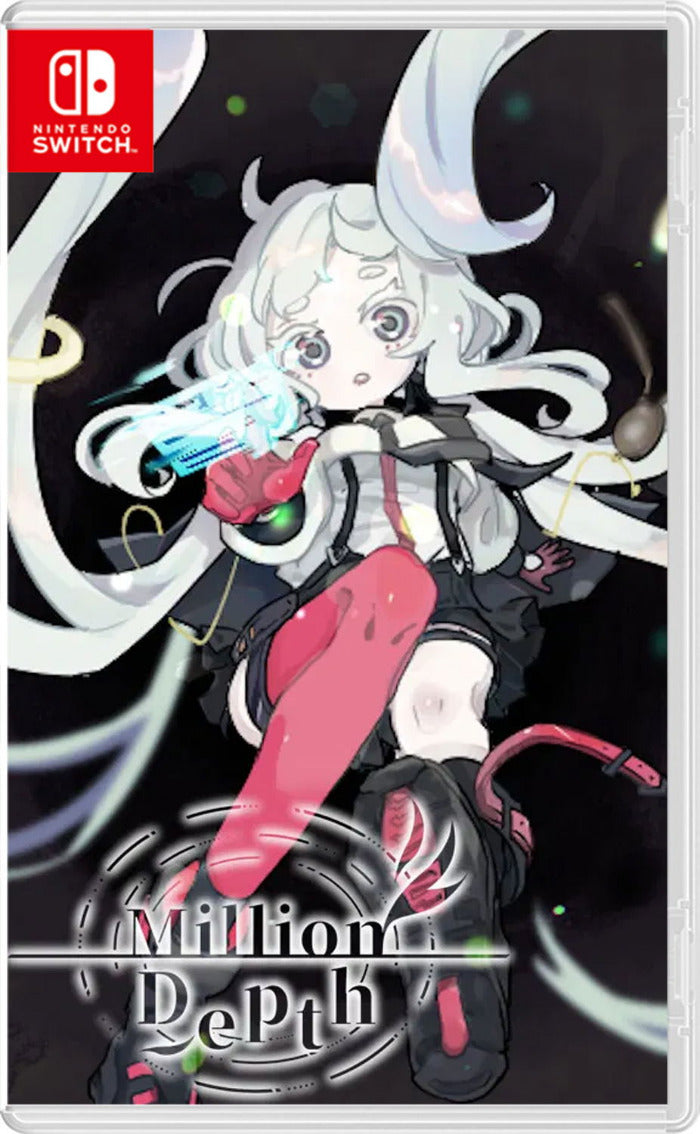 Nintendo Switch game case cover for 'Million DePth' featuring an anime-style illustration of a character with long white hair, a pink thigh-high stocking, and a futuristic bladed glove against a dark background with glowing green particles.
