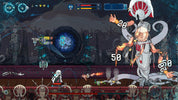 Side-scrolling 2D pixel art game scene showing a white and red armored fantasy character fighting enemies on a dark stage with UI elements, health bars, and floating damage numbers.