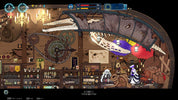 A pixel-art retro game scene showing a character in a shop interior with shelves, chandeliers, gears, and large whale bones hanging in the background.