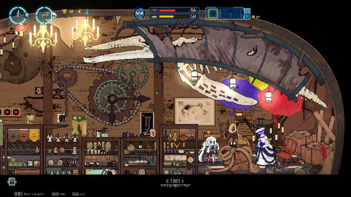 A pixel-art retro game scene showing a character in a shop interior with shelves, chandeliers, gears, and large whale bones hanging in the background.