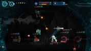 A screenshot from a dark action RPG game showing a character standing on a bridge in a nighttime forest-like environment, with multiple enemies, health bars, level indicators, and circular UI elements around the screen.