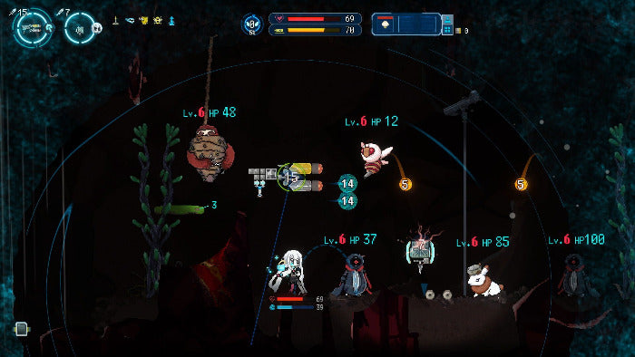 A screenshot from a dark, stylized fantasy video game scene showing multiple small character units and floating damage/level text over a black and deep blue illustrated background.
