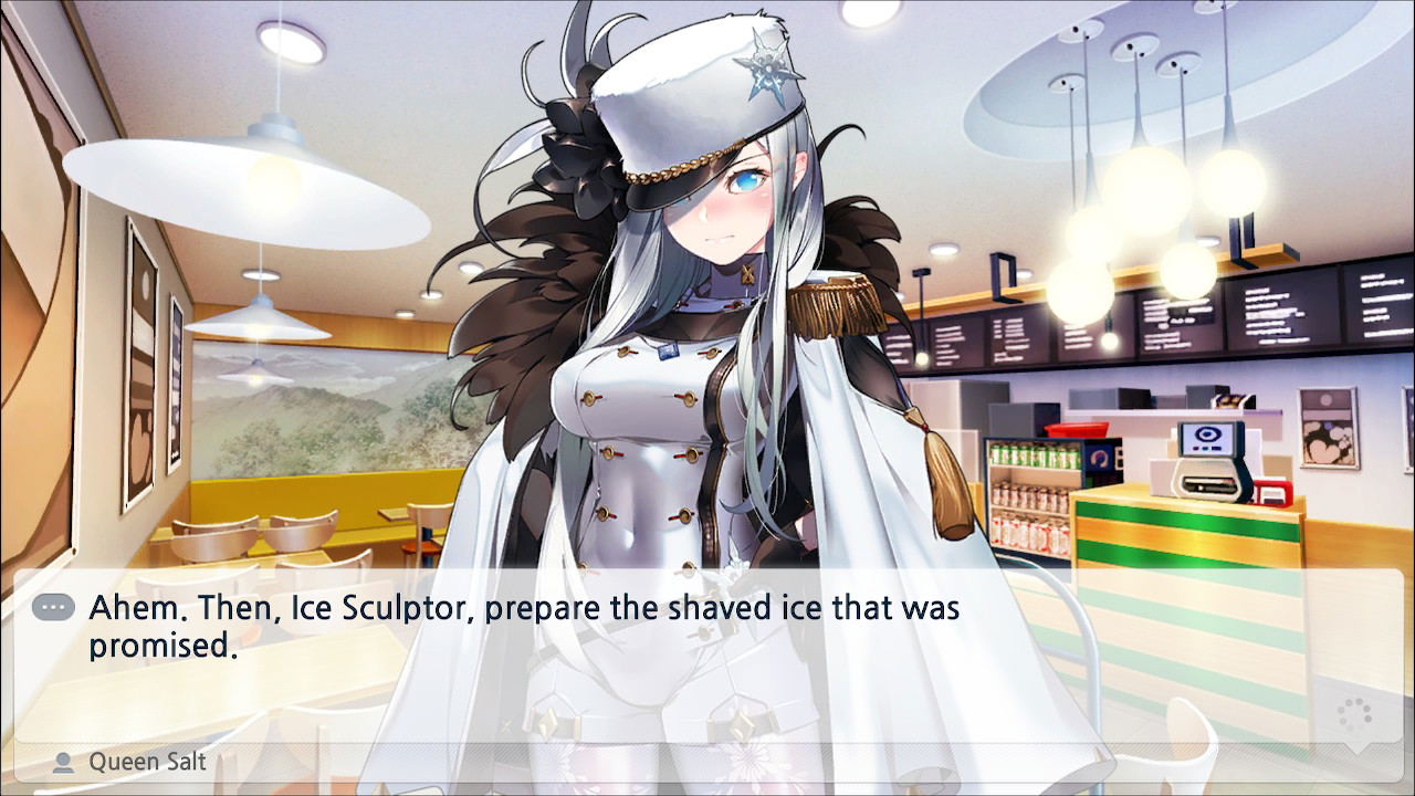 Anime character in a futuristic outfit standing in a modern restaurant.