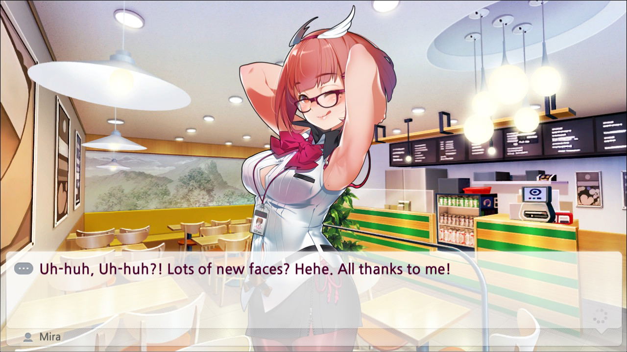 Animated character in a restaurant setting with dialogue text.