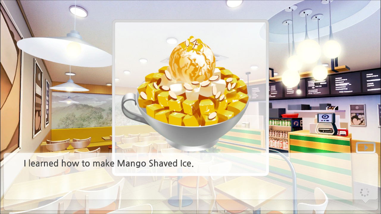 Mango shaved ice displayed in a bowl with a blurred restaurant interior in the background