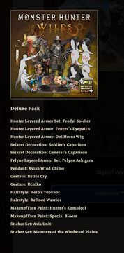 A promotional graphic for the 'Monster Hunter Wilds Deluxe Pack' showing the game's cover art at the top and a list of included items below on a dark background. The pack contains various armor sets, a seikret decoration, a pendant, a gesture, a hairstyle, a makeup/face paint, a sticker set, and a digital version badge.
