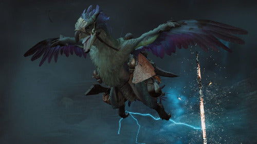 Mythical creature with wings and lightning, dark background