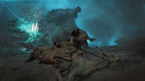 Fantasy scene with a creature attacking a rider on a horse, surrounded by mystical elements.