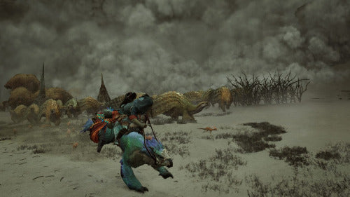 Character in fantasy attire walking through a snowy landscape with creatures in the background