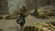 A fantasy scene showing a rider on a blue and red creature or mount moving through a rocky desert canyon filled with armored dinosaur-like monsters.