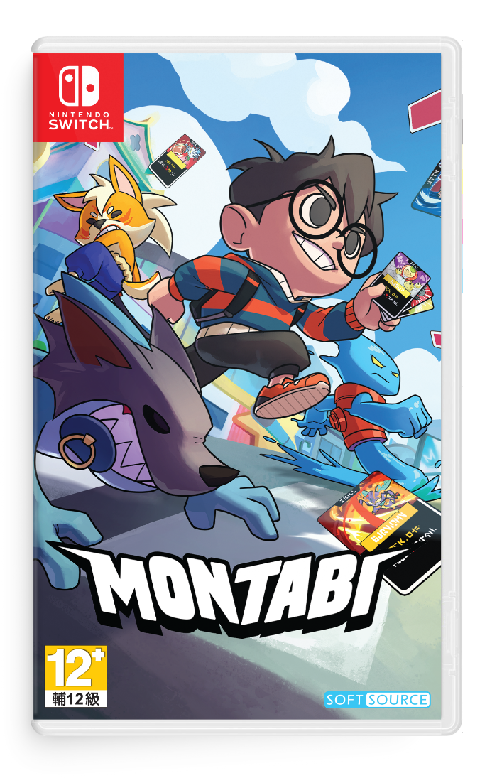 Nintendo Switch game case for Montabi, featuring colorful cartoon artwork of a boy with glasses, a fox, a wolf-like creature, and a blue monster on a bright illustrated background. Visible branding includes Nintendo Switch and Montabi.