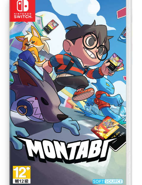 Nintendo Switch game case for Montabi, featuring colorful cartoon artwork of a boy with glasses, a fox, a wolf-like creature, and a blue monster on a bright illustrated background. Visible branding includes Nintendo Switch and Montabi.