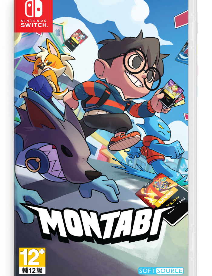 Nintendo Switch game case for Montabi, featuring colorful cartoon artwork of a boy with glasses, a fox, a wolf-like creature, and a blue monster on a bright illustrated background. Visible branding includes Nintendo Switch and Montabi.
