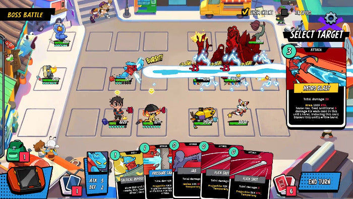 A colorful cartoon battle game interface showing a grid of character cards, a turn counter, and an attack panel with comic-style action effects and text.