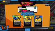 A colorful cartoon battle game interface showing a grid of character cards, a turn counter, and an attack panel with comic-style action effects and text.