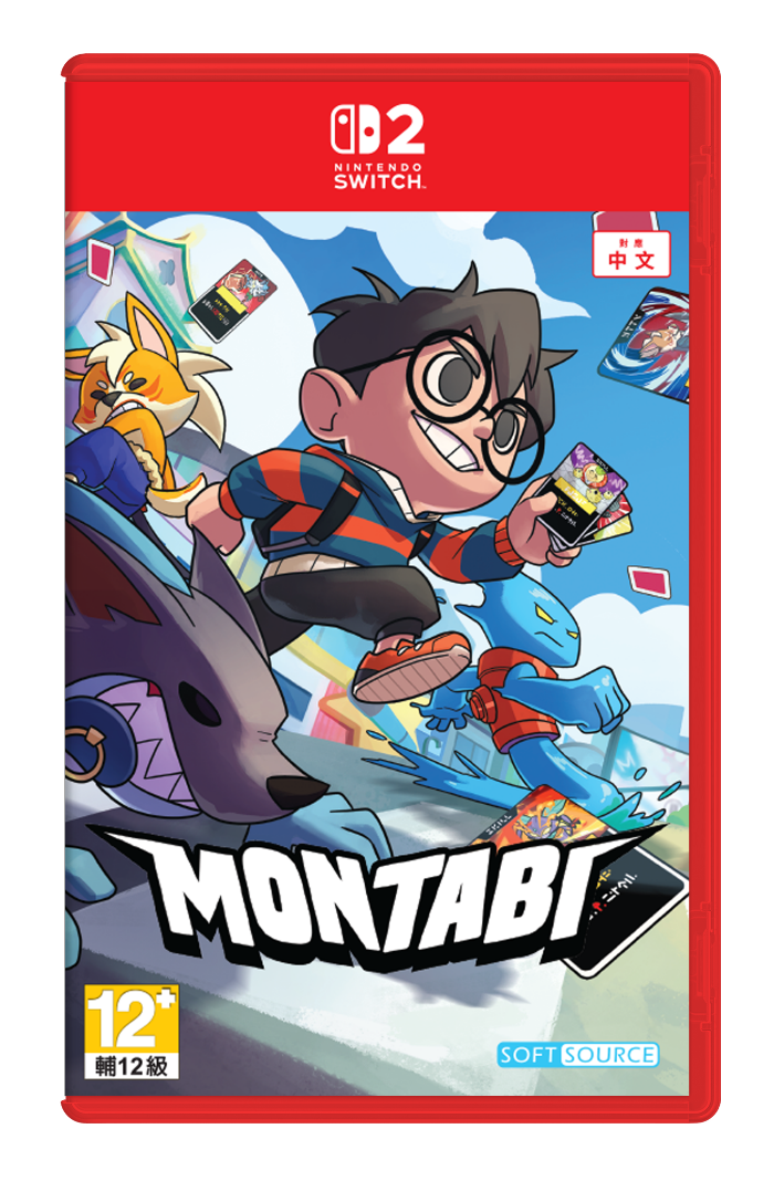 Nintendo Switch game case for Montabi, featuring colorful illustrated cover art with a cartoon boy, a fox, a blue creature, and card elements. The red game case includes Nintendo Switch branding at the top and the Montabi title at the bottom.