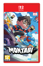 Nintendo Switch game case for Montabi, featuring colorful illustrated cover art with a cartoon boy, a fox, a blue creature, and card elements. The red game case includes Nintendo Switch branding at the top and the Montabi title at the bottom.