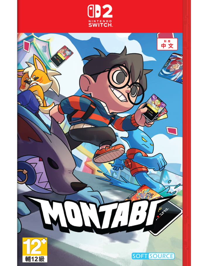 Nintendo Switch game case for Montabi, featuring colorful illustrated cover art with a cartoon boy, a fox, a blue creature, and card elements. The red game case includes Nintendo Switch branding at the top and the Montabi title at the bottom.