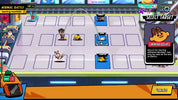 A colorful digital game interface showing a battle grid with cartoon characters, status icons, and a target selection panel on the right.