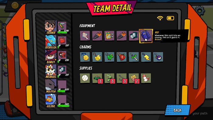 A digital game interface screenshot showing a team detail screen with equipment, charms, and supplies. The screen features a dark gray background with rows of colorful icons representing different items, and a left sidebar with character portraits.