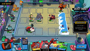 A colorful digital tabletop battle game interface showing cartoon characters on a grid, with action panels, health bars, and card slots around the border.