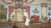 A whimsical illustrated interior scene with a white cartoon character standing in a large vintage room with red curtains, a chandelier, wood floors, and furniture. A small red-and-white character runs near a gramophone on the left, and part of another red-and-white figure appears on the far right.
