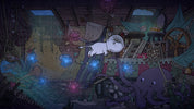 A whimsical illustrated scene inside a cluttered pirate ship cabin or storage room, with a small white cat wearing a diving helmet floating above a large purple octopus. Glowing jellyfish and nautical props fill the dark room.