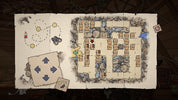 An open vintage-style parchment map or game board displayed against a dark rustic background. The left page shows simple icons and a directional arrow pad, while the right page shows a detailed dungeon-like tile map with stone textures, walls, and a small character figure.