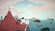 A stylized illustrated scene showing three white cartoon characters standing on a red-tiled roof beside a body of water, with mountains, small houses, and a pale sky in the background.