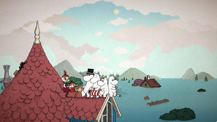 A stylized illustrated scene showing three white cartoon characters standing on a red-tiled roof beside a body of water, with mountains, small houses, and a pale sky in the background.