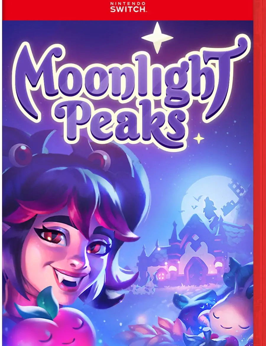Moonlight Peaks game cover for Nintendo Switch with a character and landscape illustration.