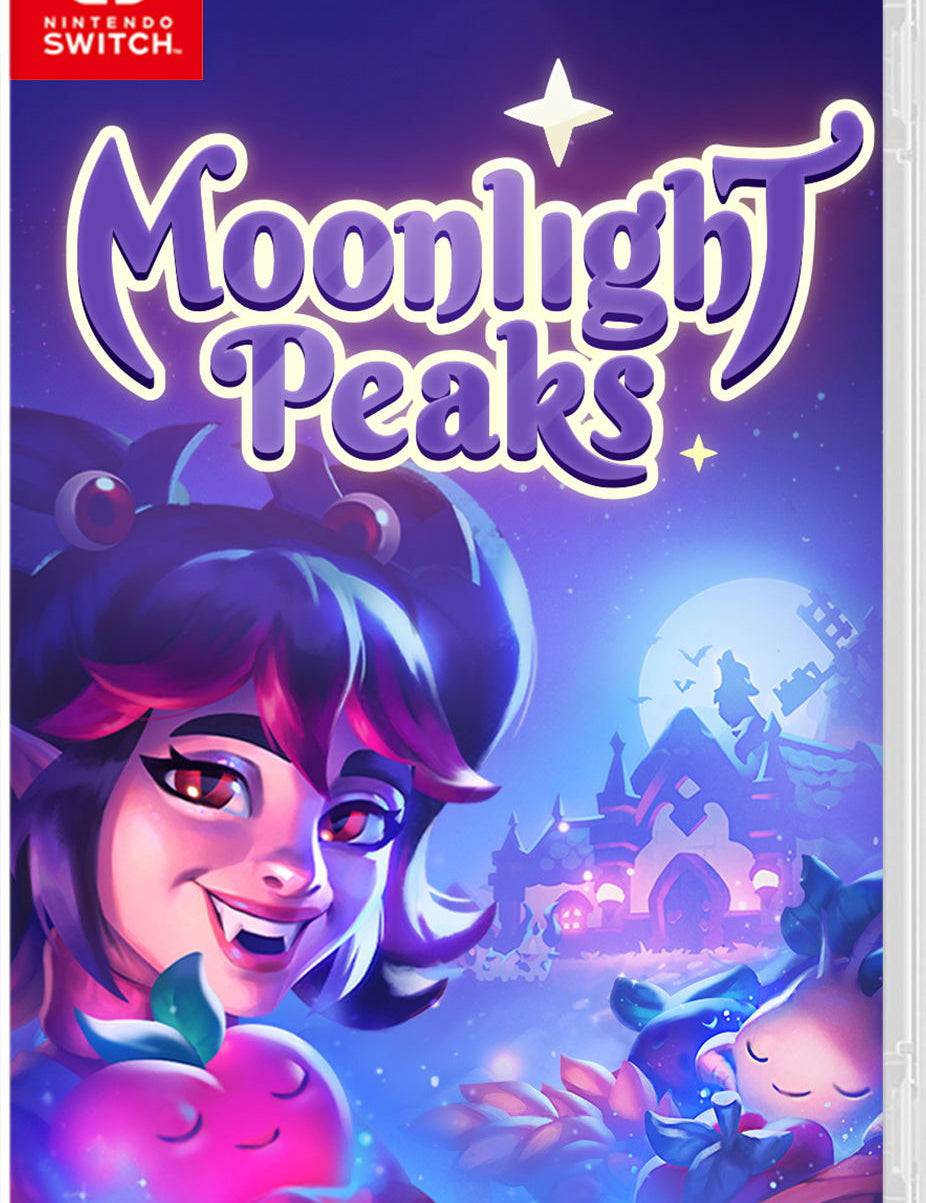 Game cover for 'Moonlight Peaks' on Nintendo Switch with a character holding an apple and a castle in the background.
