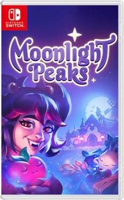 Game cover for 'Moonlight Peaks' on Nintendo Switch with a character holding an apple and a castle in the background.