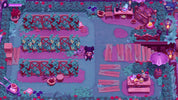 Colorful garden scene with plants, furniture, and a character in a purple-themed environment.