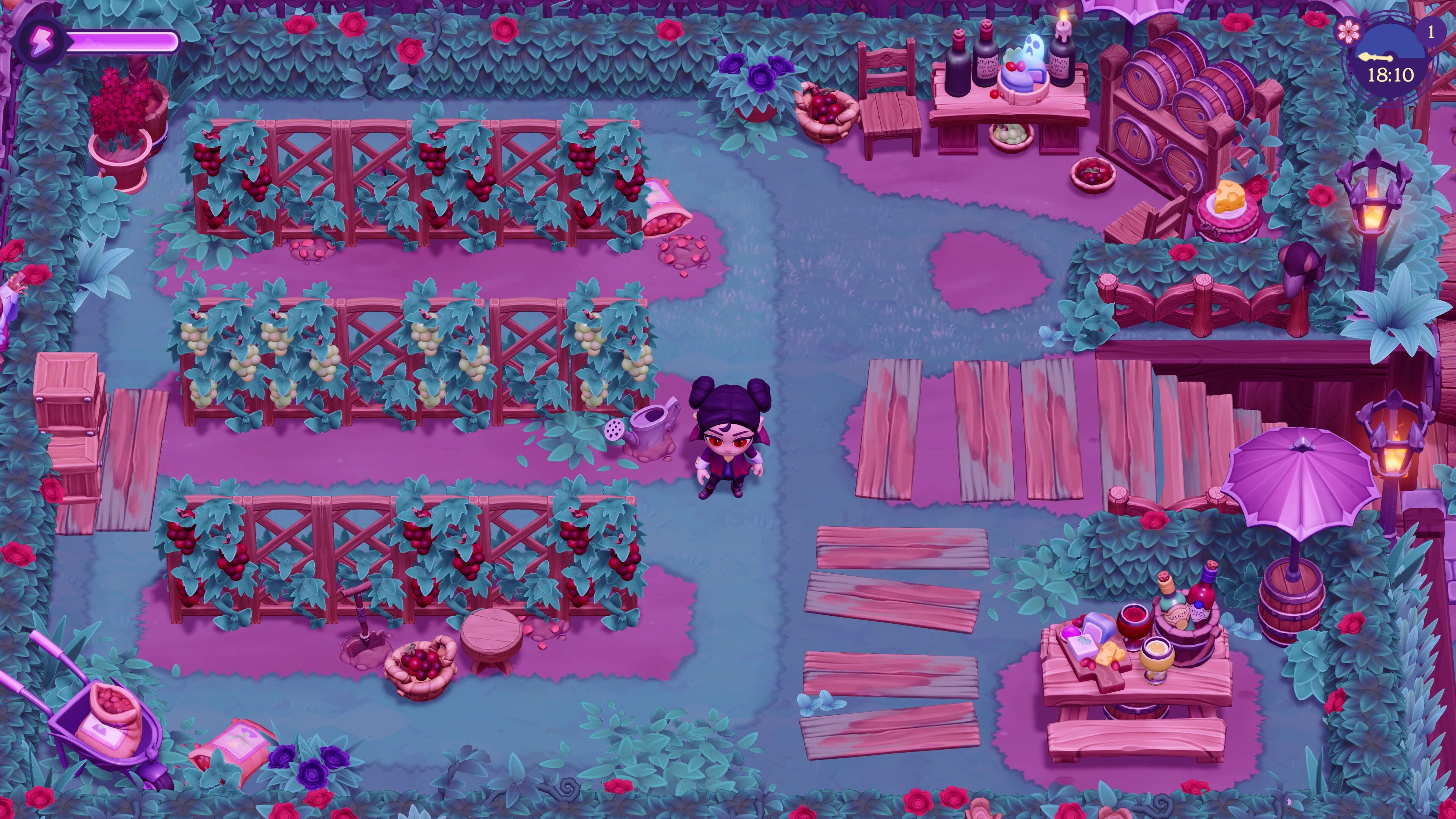 Colorful garden scene with plants, furniture, and a character in a purple-themed environment.